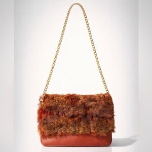 MEA MAC modular leather zip pouch w/interchangeable real fur flap, chain, EUC